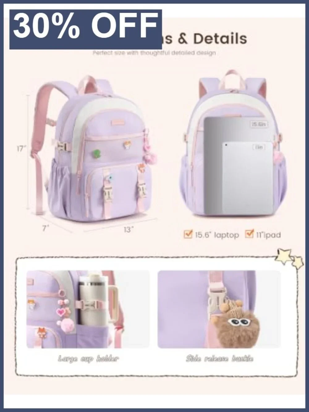 Girls School Backpack with Cartoon Charms & Pins, Water Resistant, Fits 15.6